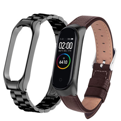 Mi Band 45 Strap 2 Pack Metal Stainless Steel &amp; Leather Watch Bracelet For Xiaomi Mi Band 6 Strap Compatible Miband 5 Wristband