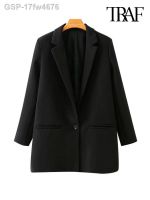 ☈☸♣17fw4676 Traf Feminina Escritório Único Botão Blazers Casaco วินเทจ Comprida Bolsos Feminino Outerwear Chic Topos