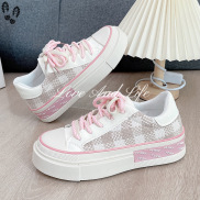 LAL Giày Vải Bố Kẻ Caro Tương Phản Giày Đi Học Màu Hồng Sakura Cho Nữ Giày