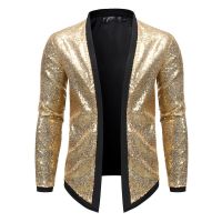 ZZOOI Shiny Gold Sequin Blazer Jacket Men New Slim Fit Cardigan Mens Blazers Nightclub Party DJ Stage Singer Dance Show Costume Homme