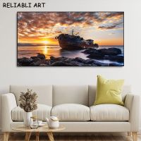 Natural Sunset Sea Boat Landscape ภาพวาดผ้าใบ,โปสเตอร์เมฆ,ภาพผนังศิลปะที่สมบูรณ์แบบสำหรับห้องนั่งเล่นตกแต่งบ้าน,ไม่รวมกรอบ