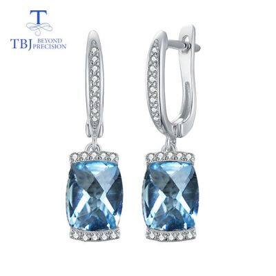 TBJ, Natural sky blue topaz 4.8ct real gemstone checkerboard cut clasp earring 925 sterling silver fine jewelry for women