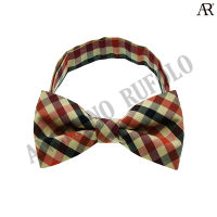 ANGELINO RUFOLO Bow Tie ผ้าไหมทอผสมคอตตอนคุณภาพเยี่ยม โบว์หูกระต่ายผู้ชาย ดีไซน์ Checker สีส้มอิฐ/สีเลือดหมู/สีฟ้า