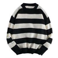 Mens Warm Knitwear Sweater Casual Stripe Rip Sleeve Harajuku Sweater Long Sleeve Round Neck Sweater Loose Tops Blouse