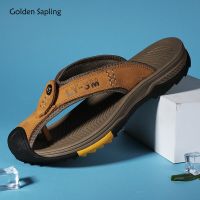 HOT★Golden Sapling หนังแท้รองเท้าแตะชายรองเท้าแตะ Retro รองเท้า Breathable ฤดูร้อนผู้ชาย Flip Flops คลาสสิกสบายๆรองเท้า