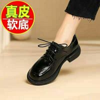 ✵✙ 2023 New Genuine Leather Lace Up Single Shoes Womens Medium Heel Soft Sole Black Small Leather Shoes British Slip-On Round Toe Loafers