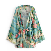 2021Boho Vintage green Crane Floral Print Sashes Women bohemian V Neck batwing Sleeves happie beach robe cover-up