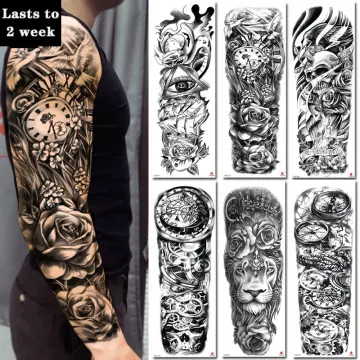 Roses Swallows Eye Horse Shoes Pocket Watch Temporary Sleeve Tattoos|  WannaBeInk.com