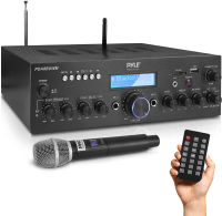 Wireless Microphone Power Amplifier System - 200W Dual Channel Sound Audio Stereo Karaoke Speaker Receiver w/USB, AUX, Microphone in w/Echo, Radio,Home Theater via RCA, Studio Use - Pyle PDA8BUWM.5