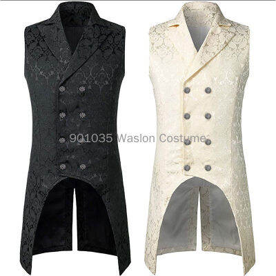 U Nisex ยุคแจ็คเก็ตเอวเสื้อแขนกุด Jacquard Steampunk คอสเพลย์เสื้อกั๊ก Tuexdo เต้านมคู่สลิมฟิตวิคตอเรียยาวเสื้อ