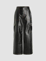 Cider Faux Leather High Waist Solid Cargo Wide Leg Trousers