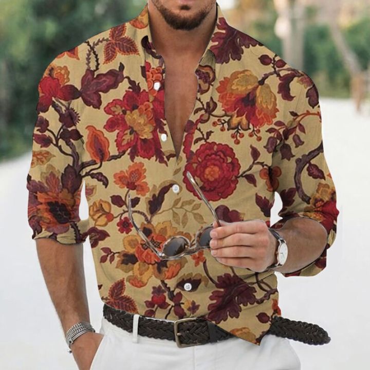 2023เสื้อลำลองพิมพ์ลายดอกไม้ผู้ชายสำหรับฤดูใบไม้ร่วง-เสื้อคอปกเสื้อเสื้อสำหรับผู้ชาย