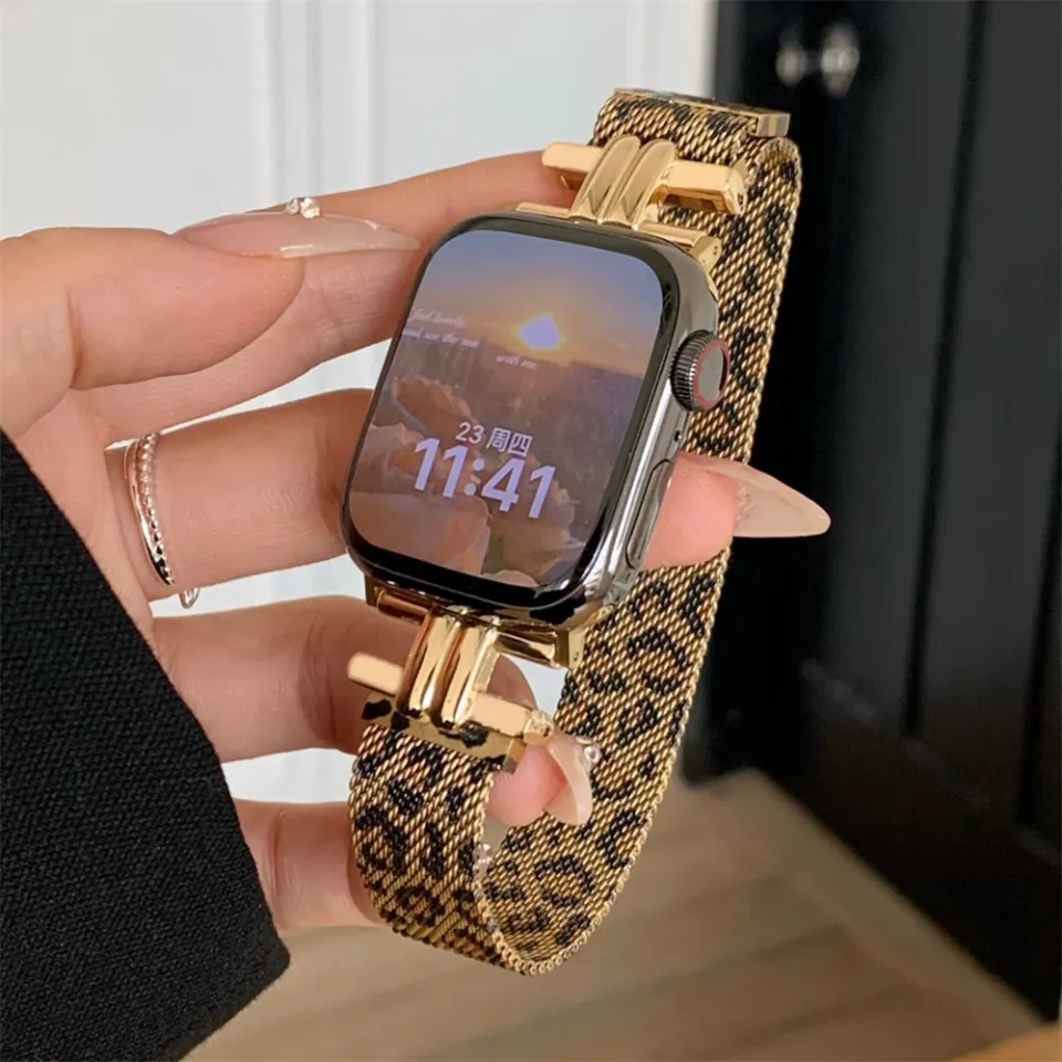 Leopard Print Women Band For iWatch 38 42 41mm For Apple Watch Strap Series  8 Ultra SE 7 6 5 40 44 45mm Stainless Steel Bracelet