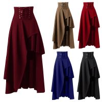 Medieval Retro Women Skirt Gothic Multilayer Solid Color Punk Faldas Fashion Bandage High Waist Irregular Long Skirts юбка