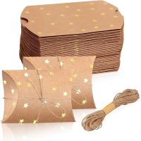 ℡☸┅ 50Pcs Small Gift Kraft Paper Pillow Boxes with Jute String for Wedding New year Present and Birthday Party Favor