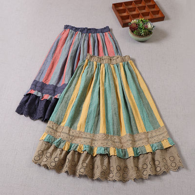 Summer New Mori Series Literature Rainbow Stripe Cotton Linen Skirt Elastic Waist Hollow Out Embroidery A-line Skirt 821-333