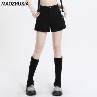 MAOZHUXIA กางเกงขาสั้นขากว้างสำหรับผู้หญิง,เสื้อผ้าสตรีเอวสูงกางเกงขาสั้นเดนิมสีดำ