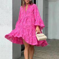 【YF】 Plus Size Cotton Line Dress for Women Lace Splicing Hollow Out Loose Boho Beach Mini V Neck Casual Party Oversize Vestidos