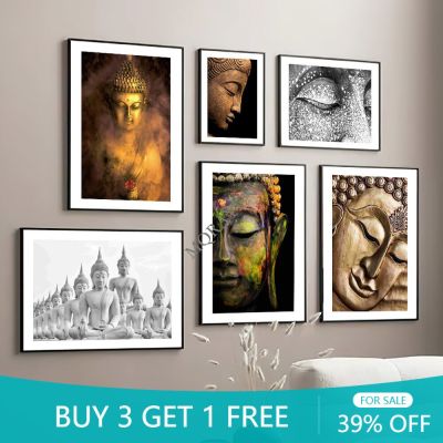 Spiritual Zen Thai Gold สีเทาพระพุทธรูปรูปปั้น Wall Art ภาพวาดผ้าใบ Nordic โปสเตอร์พิมพ์ภาพตกแต่งห้องนั่งเล่น