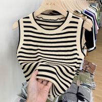 ◎✧▪ 61036 Striped Hollow Knitted Vest Short Bottoming Top Women