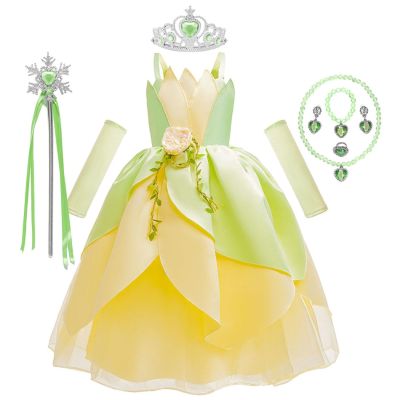 Disney Tiana Princess Dress for Girls Fancy Flower Ball Gown Tiana Dress up Costume Kids Cosplay Princess and The Frog Clothing