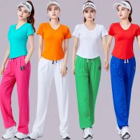 ♨♞❏ Square Dance Clothes New Fashion Sports Aerobics Team V-Neck Dance Clothes Straight-Leg Pants Tencel Ice Cotton Women