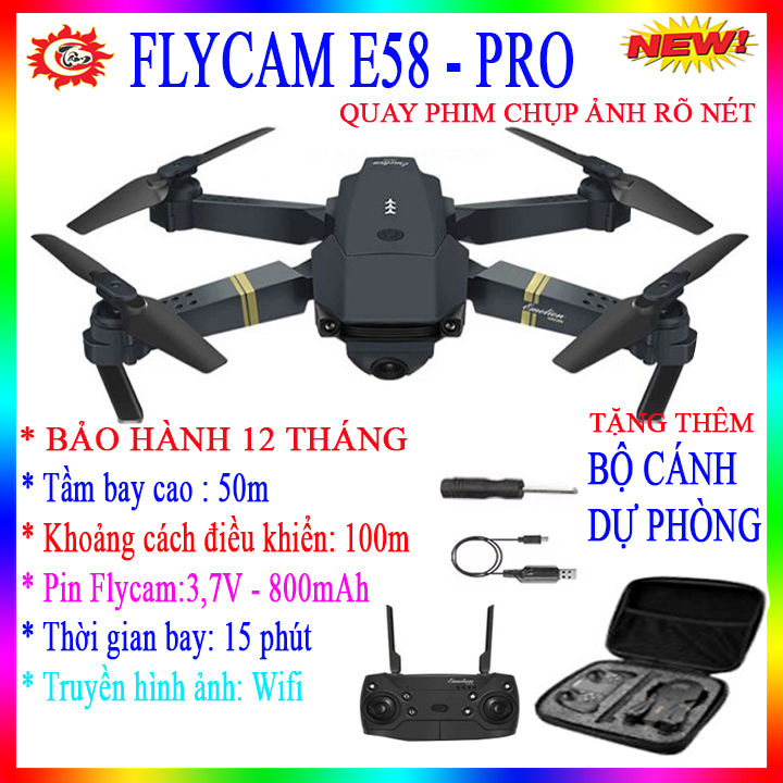 Flycam E58 Pro: Flycam E58 Pro là một trong những thiết bị tốt nhất để bạn có thể ghi lại những cảnh quay từ trên cao. Thiết bị này rất nhẹ nhàng, nhỏ gọn và có tính năng ổn định cao để giúp bạn có những đoạn video tuyệt vời với chất lượng hình ảnh cao.