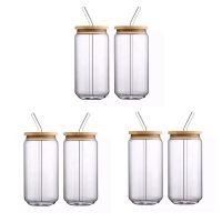 [ 6Pcs Set ] Glass Cups With Bamboo Lids and Glass Straw - Beer Can Shaped Drinking Glasses, 16 Oz Iced Coffee Glasses