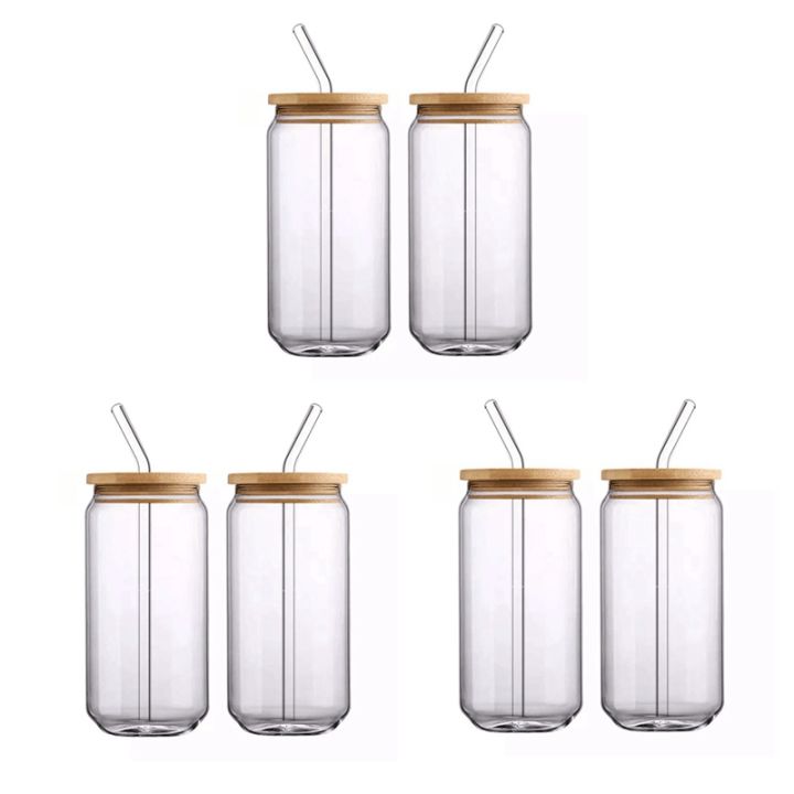 4 PC SET DRINKING GLASS W/BAMBOO LID 2 TYPES GLASS STRAW 16OZ CAN SHAPED