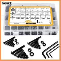 GEORG 1080Pcs เหล็กคาร์บอนสตีล สกรูฝาครอบซ็อกเก็ตหัวปุ่ม สีดำสีดำ M2 M3 M4 ชุดสกรูเมตริก พร้อมกล่องเก็บของ Bolts NUTS washers Assortment KIT อุตสาหกรรมเครื่องจักรพิเศษ