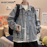 MAYCHEER   เสื้อแจ็กเก็ตคาวบอยสำหรับผู้ชาย,เสื้อแจ็คเก็ตลำลองทรงหลวมเสื้อผ้าไซส์ใหญ่ฤดูใบไม้ร่วง