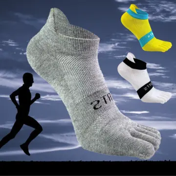 4 Pairs Mens Running Toe Socks, Wide Five Finger Crew Athletic Cotton Sock  for Men, Beige 