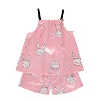 Kids Girls Pajamas Silk Women Set 2pcs Bunny Pattern Sling Outfits Short Sleeve Blouse Tops+Shorts Sleepwear Baby Clothes