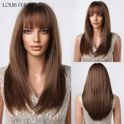 LOUIS FERRE Medium Length Brown Straight Synthetic Hair Cosplay Wig With Bangs for Women Daily Party High Temperture Fiber Wig [ Hot sell ] vpdcmi