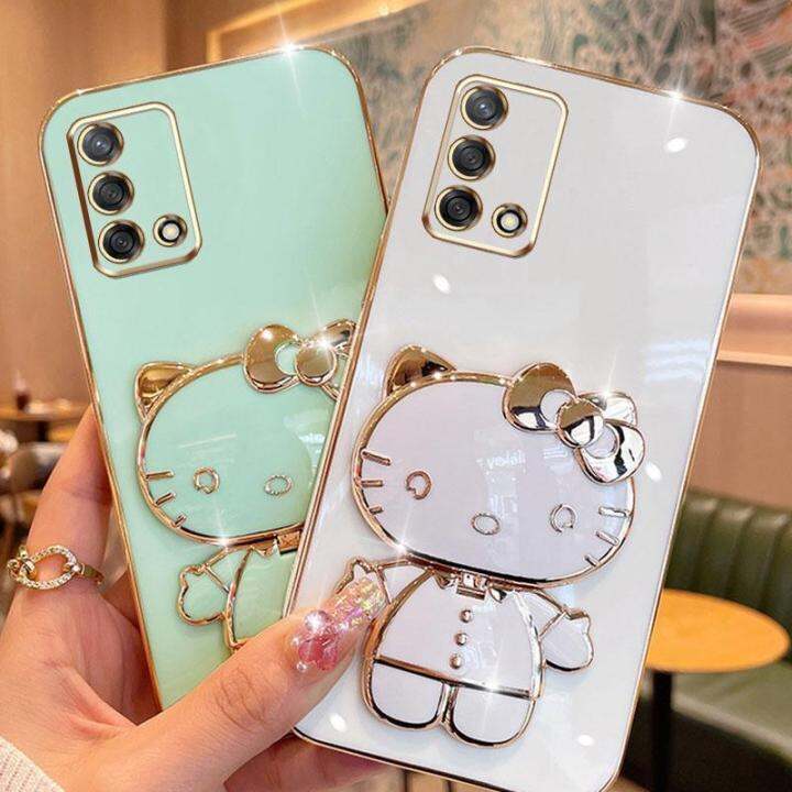 folding-makeup-mirror-phone-case-for-oppo-a74-4g-reno-6-lite-4g-a95-4g-f19-f19s-4g-case-fashion-cartoon-cute-cat-multifunctional-bracket-plating-tpu-soft-cover-casing