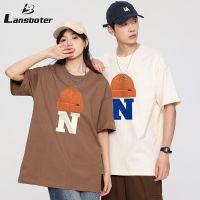 Lansboter เสื้อยืดแขนสั้นผู้ชาย,เสื้อคู่ทรงหลวมพิมพ์ลายผ้าฝ้ายฤดูร้อน