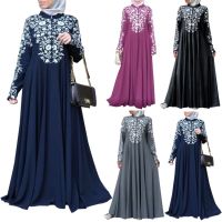 Abaya Plus ขนาด Baju Stand Collar ชุดพิมพ์ลายดอกไม้มุสลิม Jubah Maxi ชุด Muslimah Robe ผู้หญิงชุด Abaya