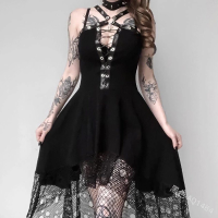 Gothic Dress Retro Black Lace Sling Sleeveless V-neck Knee-length Dresses Cool Girl Sexy Slim Fit Cosplay Costume Plus Size