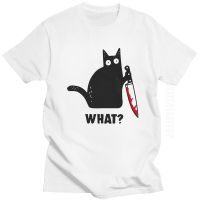 Streetwear MenS Funny Halloween Cat What Tshirt O Neck Cotton Murderous Cat With Knife T-Shirt Casual Tee Shirts Print Apparel 【Size S-4XL-5XL-6XL】