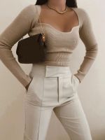 Stylish Chic Beige Knitted Cropped Blouses Women 2021 Fashion Sexy Square Collar Shirts Girls Streetwear Casual Tops