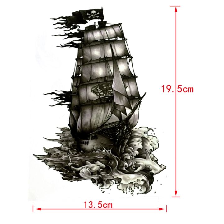 เรือโจรสลัดรอยสักชั่วคราวกันน้ำสำหรับผู้ชายเรือใบสติกเกอร์รอยสักปลอมติดผนังลายสักสิ่งที่เย็นเฮนน่า