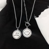 Smile Face Pendant Necklace Stainless Steel Double Sided Couple Necklace Punk Long Chain Necklace for Women Men Hip Hop Jewelry