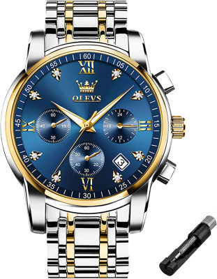 OLEVS Male Wrist Watches, Analog Quartz Business Stainless Steel Waterproof Luminous Watches Luxury Casual Classic Glamour Big Diamond Dial Date Multi-Function Chronograph Watches for Man Blue