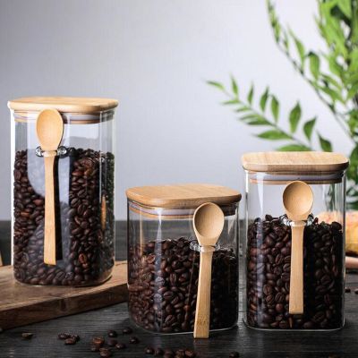 800-1200ml Square Glass Coffee Sealed Storage Jar with Wooden Spoon Seasoning Box Coffee Bean Cans Household Milk Powder Tea Can