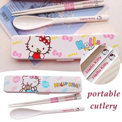 3pcs/set Portable Tableware Cute Cartoon KT Cutlery Set Fork Chopsticks Spoon W6T5