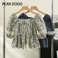 PEAR DODO เสื้อเชิ้ตแขนสั้นสำหรับผู้หญิงคอกลมทรงสี่เหลี่ยมสไตล์วินเทจสไตล์เกาหลี