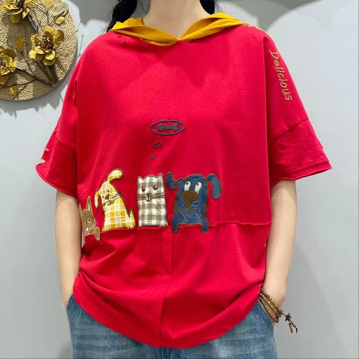 women-summer-fashion-hooded-t-shirt-female-vintage-cartoon-animal-patchwork-embroidery-short-sleeve-casual-loose-cotton-top-tees