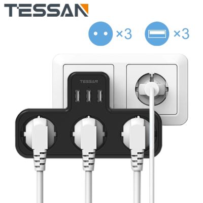 【NEW Popular】 TESSAN Black Multi Wallwith 3Outlets Amp; 3พอร์ต USB 61อะแดปเตอร์ USB พร้อมการป้องกันการโอเวอร์โหลดสำหรับโฮมออฟฟิศ