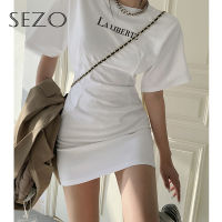 SEZO จัดส่งภายใน3 วัน?พร้อมส่ง~เดรสสะโพกของผู้หญิง,เสื้อยืดแขนสั้นพิมพ์ลายตัวอักษรทรงสลิมสไตล์เกาหลี