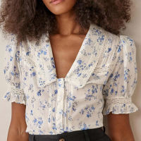 Womens Blouse 2022 Printed Lace Up Lapel Button Floral Standard Short Sleeve Summer Shirt OL Office Lady Causal Fashion Top